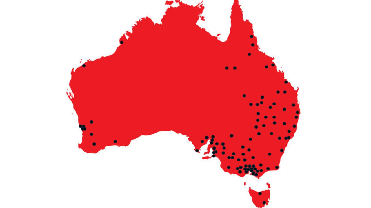 red map of australia marked with black dots