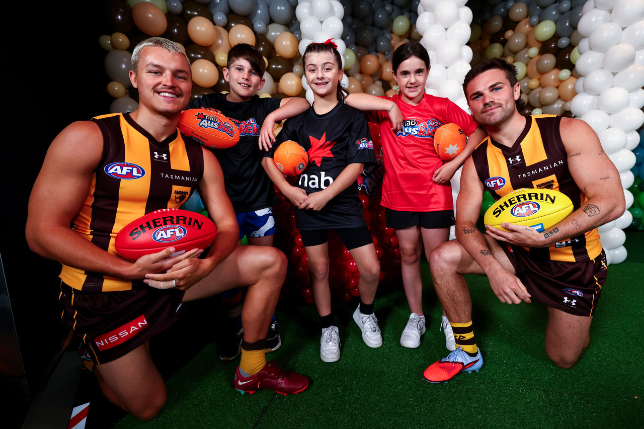Jack Ginnivan of the Hawks and Nick Watson of the Hawks during the 2026 NAB AFL Auskick Launch at Balloon Story, Melbourne Convention and Exhibition Centre, on February 17, 2026 in Melbourne, Australia. (Photo by Josh Chadwick/AFL Photos)