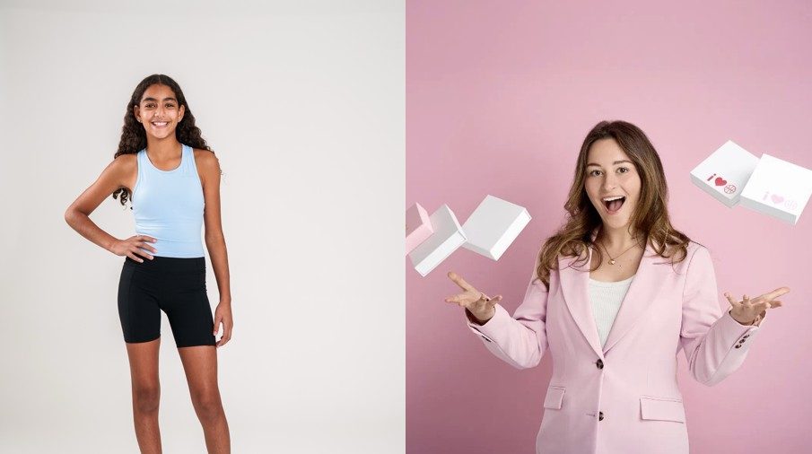 Girl in active wear and girl in a suit with small boxes in her hand