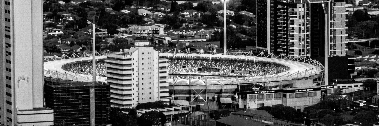 black and white photo of the Brisbane Gabba stadium