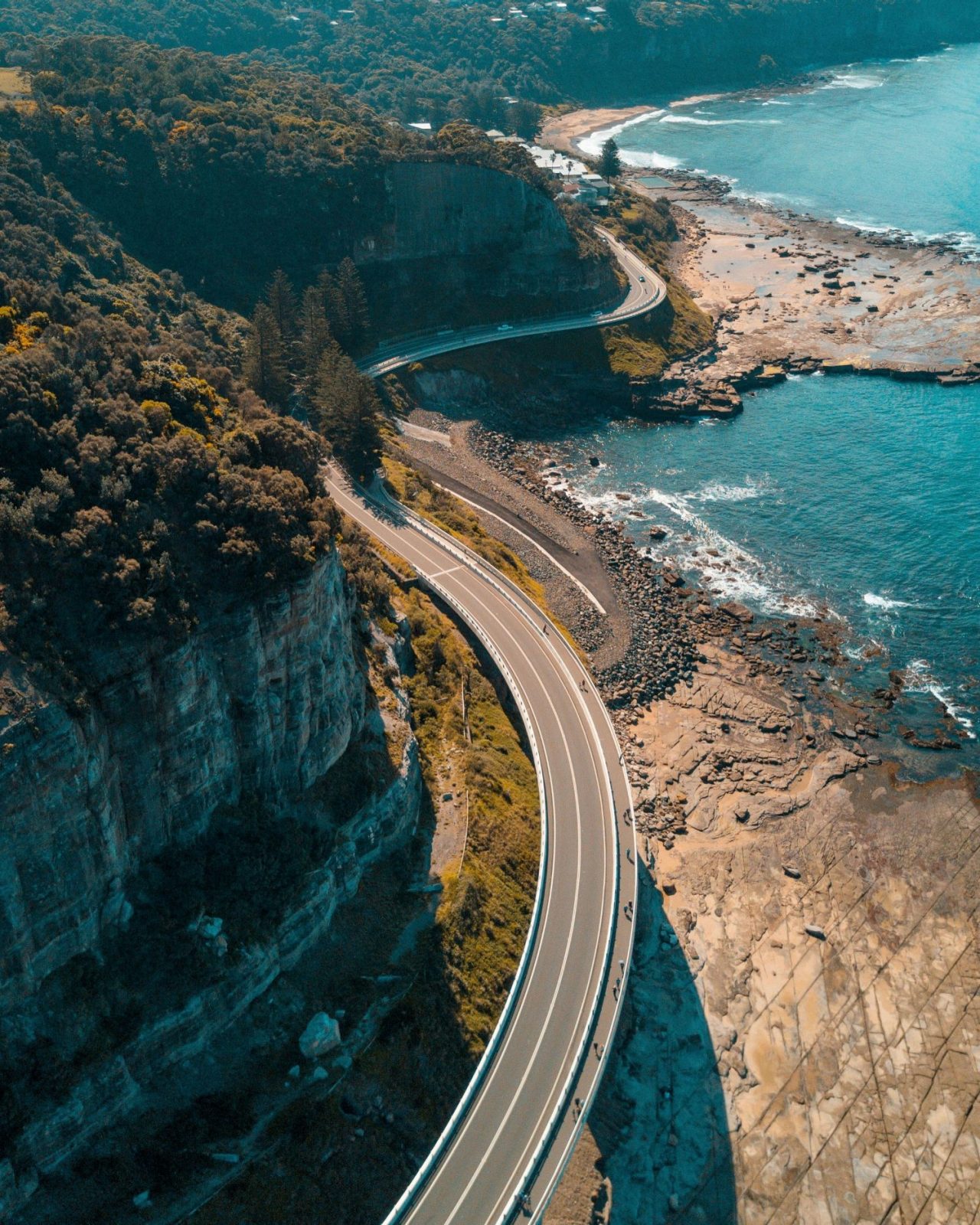 birdseye view of Australian highway along the bay