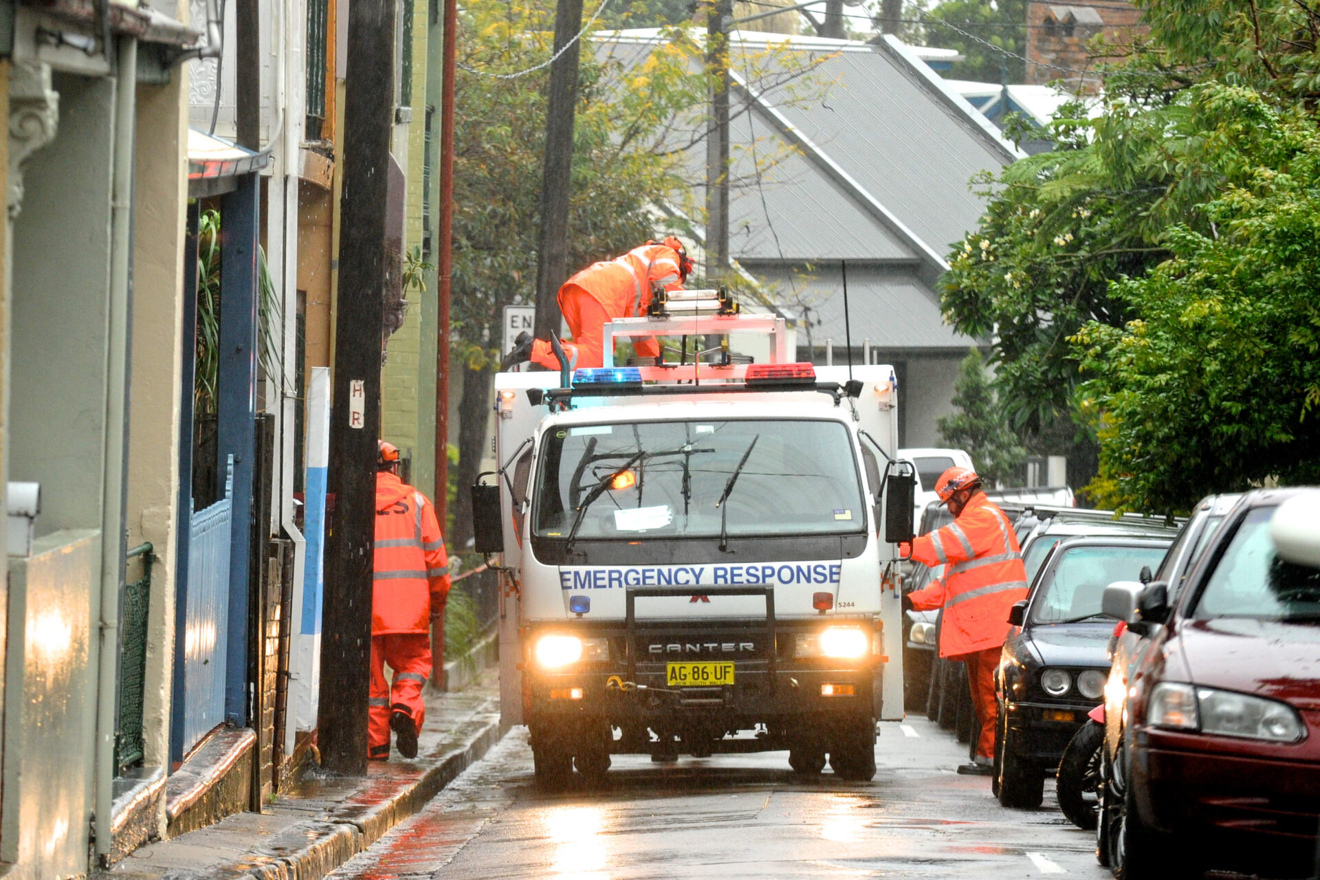 SES truck and workers in flood