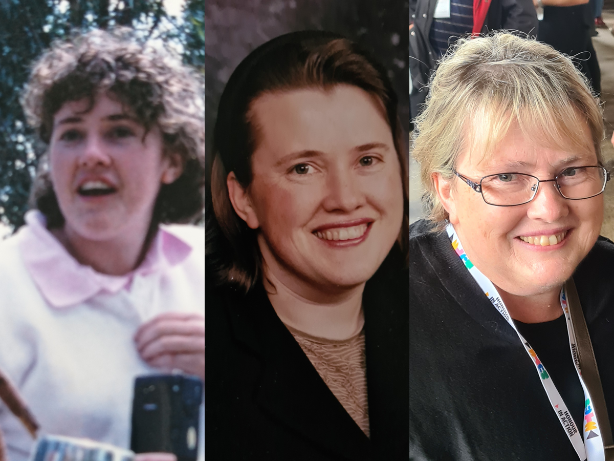 three images of Julie at different stages in life