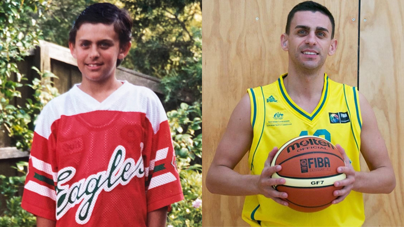 A photo of Mark Bilyj as a young boy in a basketball jersey and as an adult, holding a basketball.