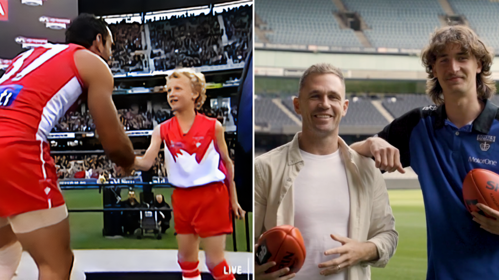 Two images showing AFL players Jedd Busslinger with Joel Selwood as an Auskicker and adult