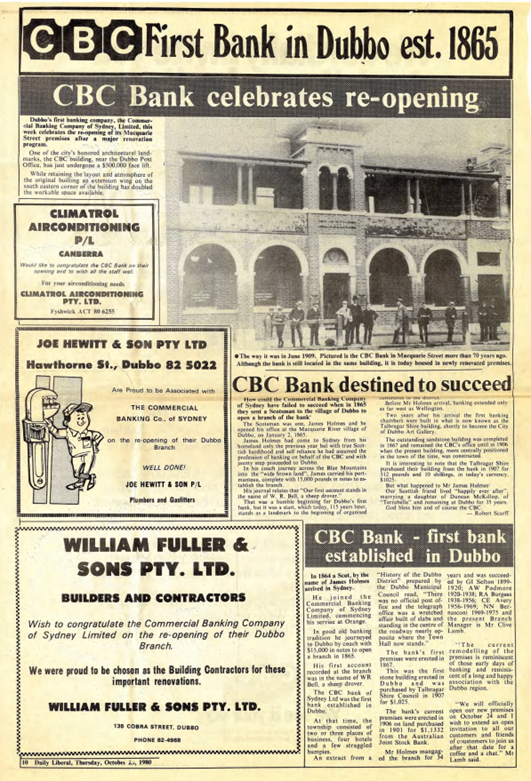 An old newspaper clipping with a black and white photo of people standing in front of bank branch.