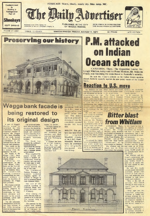 An old newspaper clipping from 1977 with black and white photos of an old bank branch building.