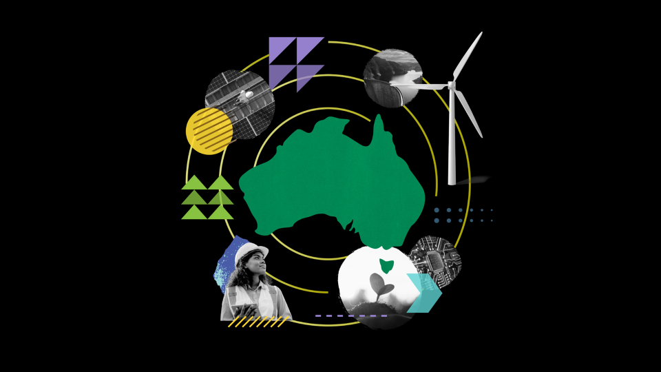 Extract from the cover of All Systems Go: Powering Ahead, featuring a green map of Australia surrounding by climate-related iconography