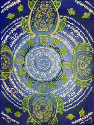 Indigenous artwork depicting four green turtles around a series of blue circles 