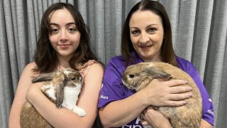 Cartia and Paula with their bunnies, Meatball and Marshmallow