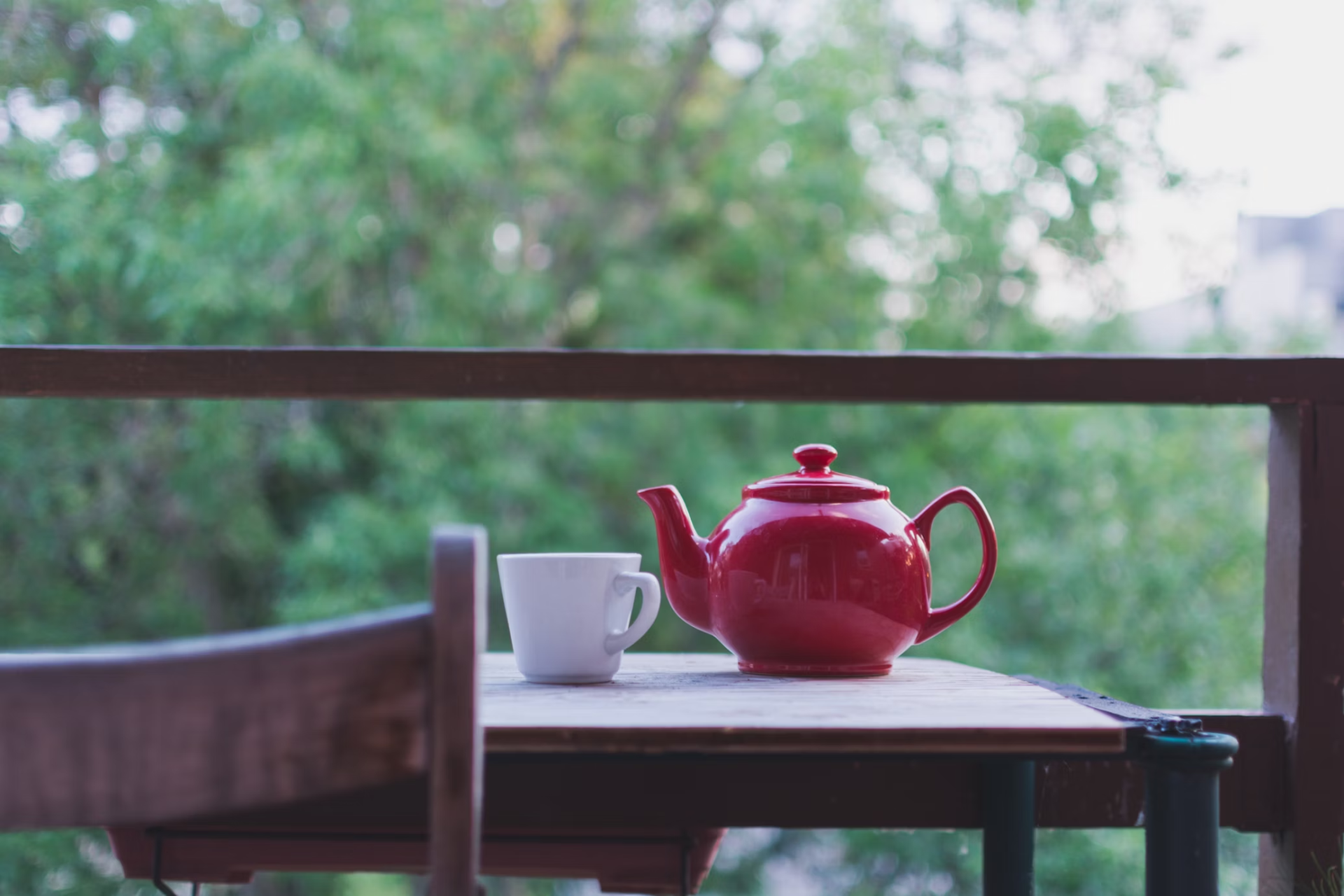 Red teapot on table with white cup. Greenery in the background