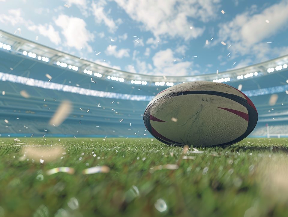 Close up a rugby ball on the grass with a stadium in the background