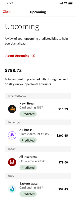 Screenshot of upcoming bill transactions in the NAB app; New Stream $15.99 expected today, A-Fitness $202.65 predicted tomorrow, All Insurance $79.oo predicted 15 October, Eastern Water $92.45 predicted 18 October. 