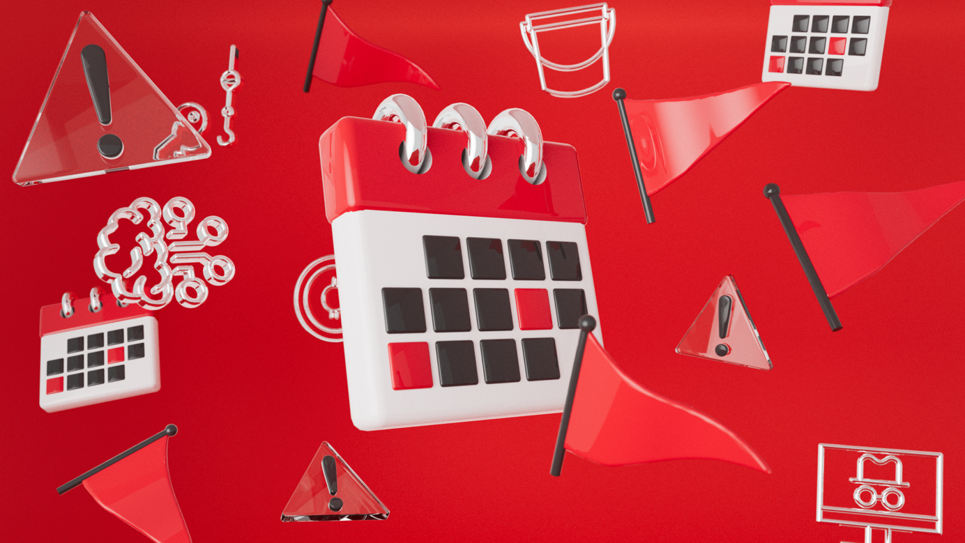 An image with warning signs and a calendar and red flags with a red background.