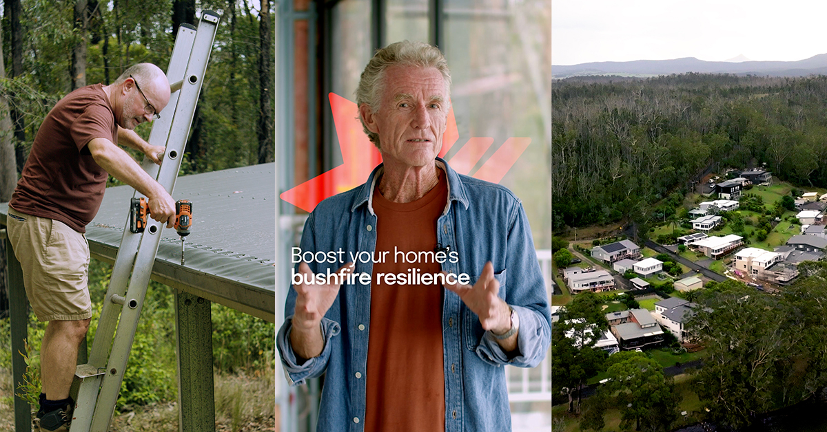 Three images compiled as a montage, featuring a man drilling a roof gutter, a man speaks to camera about bushfire resilience and an aerial shot of a neighbourhood surrounded by green bushland.