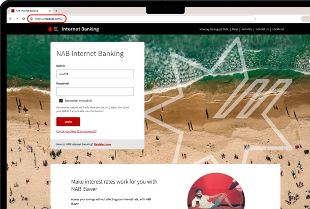 computer screen showing a fake NAB Internet Banking screen operated by criminals