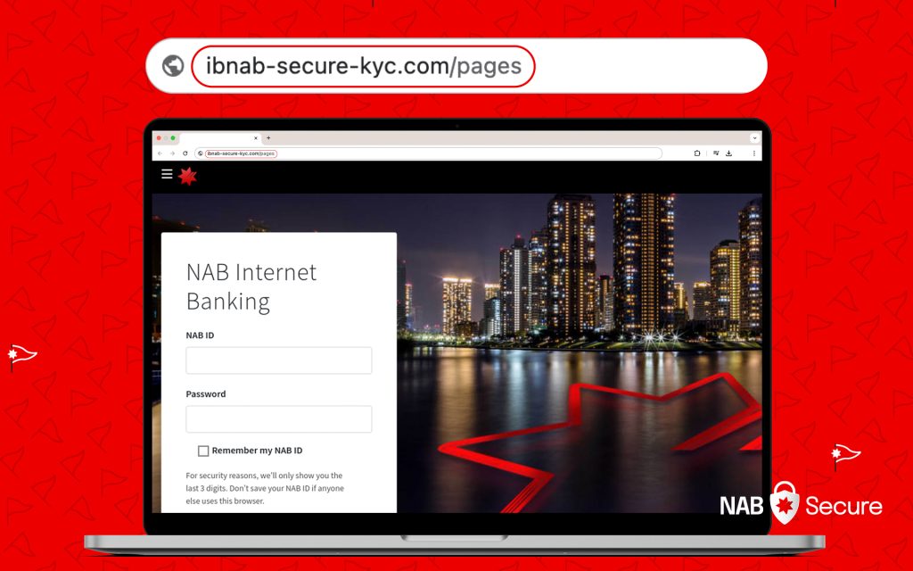 image of scam website impersonating nab on red background