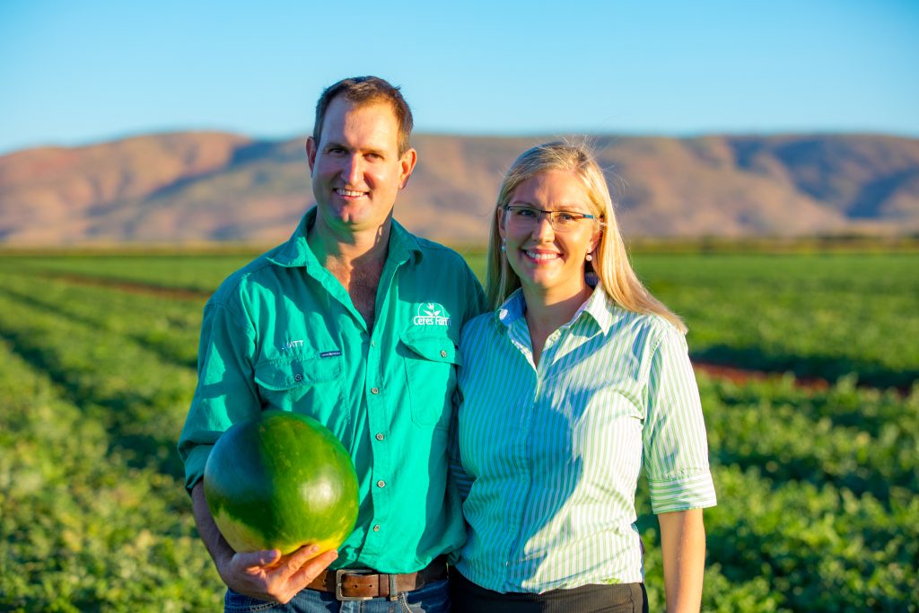 Matt and Melanie Gray, pictured at their horticultural and broadacre farm, Ceres Farm, in Kununurra, northern Western Australia.